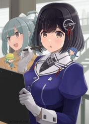 4girls black_hair blue_hair breasts brown_eyes fairy_(kancolle) gloves green_hair haguro_(kancolle) haguro_kai_ni_(kancolle) hair_ornament hair_ribbon hard_hat helmet jacket juliet_sleeves kantai_collection large_breasts long_sleeves military_uniform mini_person minigirl multiple_girls ponytail puffy_sleeves purple_jacket ribbon short_hair size_difference solid_oval_eyes tomoyo_kai white_gloves white_ribbon yuubari_(kancolle) yuubari_kai_ni_(kancolle)