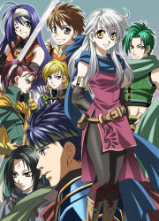 2girls 6+boys arrow_(projectile) bare_shoulders belt black_hair blue_eyes blue_hair blue_scarf boots brown_hair cape dress edward_(fire_emblem) elbow_gloves fingerless_gloves fire_emblem fire_emblem:_radiant_dawn gloves green_eyes green_hair green_scarf half_updo hand_on_own_hip headband hip_focus ike_(fire_emblem) leonardo_(fire_emblem) long_hair mia_(fire_emblem) micaiah_(fire_emblem) multiple_boys multiple_girls nintendo one_eye_closed orange_scarf pantyhose quiver red_eyes red_hair ribbon scarf serious shinon_(fire_emblem) side_slit sleeveless sleeveless_dress smile solo_focus soren_(fire_emblem) sothe_(fire_emblem) sword wauwa weapon white_hair wink yellow_eyes