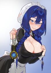 1girl blue_eyes blue_hair breasts cleavage hololive hypnosis large_breasts maid mind_control ouro_kronii smile tagme