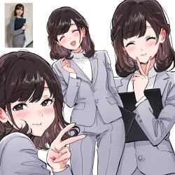 Rule 34 | 1girl, absurdres, araki saori, black eyes, black hair, blush, business suit, clipboard, closed eyes, closed mouth, formal clothes, grey jacket, grey pants, grey suit, highres, holding, holding clipboard, jacket, medium hair, multiple views, office lady, pants, photo inset, pout, qiandaiyiyu, real life, reference inset, simple background, smile, suit, sunken cheeks, v, white background