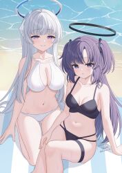 2girls beach bikini black_bikini blue_archive breasts commentary_request highres kurumi_lm large_breasts long_hair medium_breasts multiple_girls navel noa_(blue_archive) ocean outdoors paid_reward_available purple_eyes purple_hair stomach swimsuit thigh_strap twitter_username two_side_up very_long_hair water white_bikini white_hair yuuka_(blue_archive)