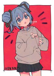 Rule 34 | 1girl, 3774., artist name, black skirt, blue eyes, blue hair, blue nails, blue necktie, border, cowboy shot, double bun, hair between eyes, hair bun, hair ornament, hair up, hatsune miku, long sleeves, medium hair, miniskirt, nail polish, necktie, notice lines, number-only commentary, open mouth, pleated skirt, red background, skirt, sleeves past wrists, solo, sweater, vocaloid, white border
