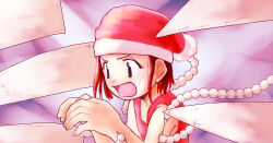 1girl blush brown_hair fur-trimmed_headwear fur_trim hands_up hat leotard milk_closet open_mouth red_hat red_leotard santa_hat short_hair solo tomatomatotto upper_body yamaguchi_hana