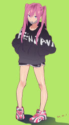 1girl bandaid bandaid_on_knee bandaid_on_leg black_hoodie black_shorts blue_eyes clothes_writing dated dolphin_shorts full_body grey_background grey_mask highres hood hood_down hoodie long_hair looking_at_viewer mask mask_pull mouth_mask original pigeon-toed pink_hair print_hoodie quad_tails reebok sharp_teeth shoes short_shorts shorts simple_background sneakers solo standing surgical_mask teeth twintails yukiyoshi_mamizu