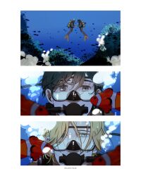 2boys air_bubble ash_lynx banana_fish blonde_hair brown_eyes brown_hair bubble clownfish coral coral_reef diving diving_suit eye_contact fish full_body goggles grey_eyes highres holding_hands looking_at_another male_focus multiple_boys naruysae okumura_eiji scuba_tank short_hair signature underwater yaoi