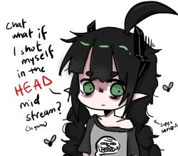 1girl 2024 ahoge black_hair braid bug clavicles closed_mouth elfinpsyop elfinpsyop_(artist) english_text flat_chest floating_eyebrows fly green_eyes headshot horns in_minecraft_(meme) indie_virtual_youtuber insect loli long_hair looking_sideways loose_clothes loose_shirt mechanical_horns messy_hair no_nose question self-portrait serious shirt solo suicide tired_eyes trollface twin_braids virtual_youtuber white_background