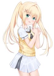 1girl :d absurdres ascot black_ascot blonde_hair blush clenched_hands commentary cowboy_shot eyes_visible_through_hair from_side green_eyes hair_between_eyes hair_intakes hair_ornament hands_up happy highres long_hair looking_at_viewer mamiya_yuki miniskirt open_mouth puffy_short_sleeves puffy_sleeves sailor_collar school_uniform serafuku short_sleeves sidelocks simple_background skirt smile solo summer_pockets sweater_vest tsumugi_wenders twintails very_long_hair white_background white_sailor_collar white_serafuku white_skirt x_hair_ornament yellow_sweater_vest