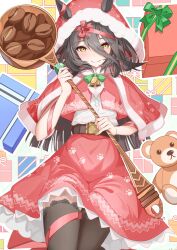 1girl absurdres belt black_belt black_thighhighs box capelet closed_mouth coffee_beans dress fur-trimmed_capelet fur-trimmed_headwear fur-trimmed_thighhighs fur_trim gift gift_box hair_between_eyes hat highres holding holding_spoon long_bangs long_hair_between_eyes looking_at_viewer manhattan_cafe_(umamusume) red_capelet red_dress red_hat red_ribbon ribbon santa_costume santa_hat shirt shirt_tucked_in smile solo spoon stuffed_animal stuffed_toy teddy_bear thighhighs umamusume vami white_shirt yellow_eyes