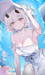 Rule 34 | 0202ase, 1boy, 2girls, absurdres, black horns, blue archive, blue sky, blush, braid, breasts, cleavage, collarbone, commentary, day, demon girl, demon horns, dress, hair intakes, half up braid, hat, highres, horns, juri (blue archive), juri (part-time) (blue archive), large breasts, multiple girls, official alternate costume, official alternate hairstyle, outdoors, pan-chan (blue archive), pink hair, pov, sena (blue archive), sena (casual) (blue archive), sky, sleeveless, sleeveless dress, strap slip, white dress, white hair, white hat, yellow eyes