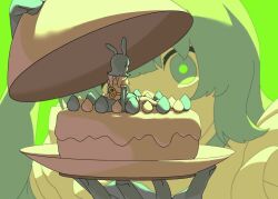 2girls backlighting blue_eyes blue_gloves blue_hair blue_skirt blurry blurry_background cake clone elbow_gloves food gloves green_background green_pupils holding holding_tray hoshoku_hihoshoku_(vocaloid) iyowa_girls looking_at_another mini_person minigirl mitty3302004 multiple_girls on_food puffy_short_sleeves puffy_sleeves rabbit_girl serving_dome shirt short_sleeves simple_background skirt tray white_shirt winding_key