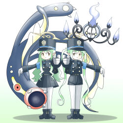 2girls black_hat black_jacket black_shorts black_skirt blue_archive chandelure closed_mouth creature crossover eelektross gen_5_pokemon gloves gradient_background hat hikari_(blue_archive) jacket looking_at_viewer monster multiple_girls nintendo nozomi_(blue_archive) pantyhose parody pokemon pokemon_(creature) shorts skirt smile style_parody tanaka_kanata_(rnuj2335) white_gloves white_pantyhose yellow_eyes