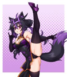 1girl :o absurdres ahoge alt_text animal_ears ass bare_shoulders black_dress black_gloves black_hair black_panties black_tail black_thighhighs border breasts bun_with_braided_base cameltoe cat_ears cat_girl cat_tail china_dress chinese_clothes cleavage cleavage_cutout clothing_cutout collared_dress colored_tips commentary covered_navel cowboy_shot curled_fingers curled_tail diamond-shaped_pupils diamond_(shape) diamond_cutout dithering double-parted_bangs double_bun dress elbow_gloves english_commentary eyebrows_hidden_by_hair fake_horns floating_hair floral_print gloves gold_bow gold_trim gradient_background groin groin_tendon hair_between_eyes hair_bun hair_flaps hair_intakes hairband hand_up high_heels highleg highleg_dress highres horn_hairband horns index_finger_raised leaning_to_the_side leg_focus leg_up light_blush long_eyelashes long_hair long_legs long_sidelocks looking_at_viewer mandarin_collar medium_breasts multicolored_hair open_hand open_mouth original outstretched_arm panties pantyshot partially_visible_vulva pelvic_curtain pink_background purple_background purple_dress purple_eyes purple_hair purple_hairband purple_horns purple_shoes purple_streaks purple_tail raised_eyebrows shoes short_dress side_slit sidelocks skindentation sleeveless sleeveless_dress slit_pupils solo sparkling_eyes split standing standing_on_one_leg standing_split streaked_hair striped_blush symbol-shaped_pupils tail tail_raised thick_eyelashes thick_thighs thighhighs thighs thong tight_clothes tight_dress toned toned_female two-tone_dress two-tone_hair two-tone_tail underwear upskirt very_long_hair vixenofthestars wavy_hair white_background white_border wide_hips