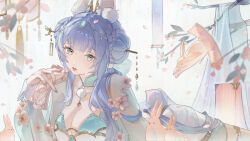Rule 34 | 1girl, absurdres, aji 11300913, aqua collar, aqua dress, aqua nails, blue hair, blunt bangs, braid, braided bun, breasts, character request, cleavage, commentary request, commission, double bun, dress, falling petals, flower, gem hair ornament, green eyes, hair bun, hair ornament, hair stick, highres, holding, indie virtual youtuber, large breasts, long hair, looking at viewer, lying, on stomach, parted lips, petals, pixiv commission, rabbit, see-through clothes, see-through sleeves, sidelocks, solo, sparkle, sweatdrop, teeth, upper body, very long hair, virtual youtuber