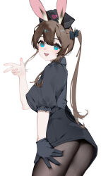 Rule 34 | 1girl, :d, absurdres, amiya (arknights), animal ears, arknights, ass, black bow, black dress, black gloves, black hat, black pantyhose, bow, brown hair, chinese commentary, commentary, cowboy shot, dress, gloves, hair bow, hand on own thigh, hand up, hat, heart, highres, light blush, long hair, looking at viewer, microdress, open mouth, pantyhose, ponytail, shenmi de xigua, short sleeves, simple background, single glove, smile, solo, standing, white background