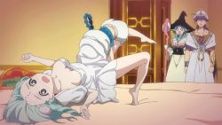 2boys 2girls aladdin_(magi) animated animated_gif barefoot bed blue_hair blush bouncing_breasts breasts cleavage dunya_mustashim green_hair hat leg_grab magi_the_labyrinth_of_magic medium_breasts multiple_boys multiple_girls open_mouth purple_hair sinbad_(magi) surprised thighs yamuraiha you_gonna_get_raped