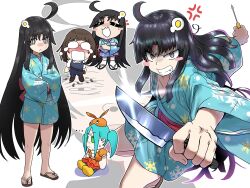 ... 1boy 3girls :&lt; =_= @_@ absurdres ahoge anger_vein araragi_koyomi araragi_tsukihi black_eyes black_hair blank_eyes blue_kimono blue_overalls blush blush_stickers bright_pupils brown_hair character_doll chibi chibi_inset clenched_teeth closed_mouth crying cutting_another&#039;s_hair cutting_hair doll dual_wielding ebora egg_hair_ornament feet food-themed_hair_ornament fumo_(doll) glint hair_ornament highres holding holding_knife holding_scissors holding_screwdriver japanese_clothes kimono kitchen_knife knife long_hair looking_at_viewer monogatari_(series) multiple_girls multiple_views non-web_source obi ononoki_yotsugi open_mouth outstretched_arms overalls print_kimono projected_inset red_sash sandals sash scissors screwdriver sengoku_nadeko severed_hair smile snowflake_print standing tabi teeth toes v-shaped_eyebrows very_long_hair white_pupils wide_sleeves