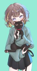 1girl absurdres animal anya_melfissa aqua_background aqua_shirt baggy_clothes black_cat black_skirt blonde_hair blunt_bangs brown_hair cat collar covered_mouth covering_own_mouth cowboy_shot ear_piercing hair_ornament highres holding holding_animal holding_cat hololive hololive_indonesia jitome light_blush looking_at_viewer maaru_(jatjem1vy6nok0o) multicolored_hair piercing red_collar shirt short_hair simple_background skirt streaked_hair wavy_hair x_hair_ornament