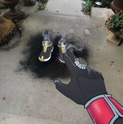 1boy absurdres ashes black_boots black_gloves boots bracer cartoon_logic commentary derivative_work english_commentary gloves highres kamen_rider kamen_rider_kaixa kamen_rider_wizard kamen_rider_wizard_(series) cartoon_logic male_focus meme photo_background pointing pov smoking tidywire tokusatsu wizard_ring
