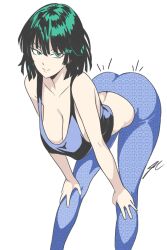 1girl alternate_costume ass bell-bottoms bent_over black_hair blue_pants blue_tank_top bob_cut bouncing_ass breasts butt_crack cleavage collarbone forbidden_pants fubuki_(one-punch_man) green_eyes green_hair hands_on_own_knees highres large_breasts meme_attire midriff one-punch_man pants print_pants short_hair smile solo tank_top tight_clothes tight_pants windriftdraws
