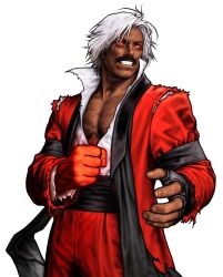 Rule 34 | 1boy, angry, armband, capcom vs snk 2, clenched hand, clenched teeth, dark persona, energy, facial hair, fighting stance, formal clothes, game cg, glowing, glowing hand, god rugal, highres, legs apart, male focus, mori toshiaki, mustache, non-web source, official art, red eyes, red suit, rugal bernstein, shirt, snk, suit, teeth, the king of fighters, torn clothes, torn shirt, tuxedo, white hair