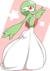1girl blush bob_cut colored_skin dress gardevoir gen_3_pokemon green_hair green_skin highres kazamidoririnn multicolored_skin nintendo pink_background pink_eyes pokemon pokemon_(creature) simple_background smile two-tone_skin white_dress white_skin