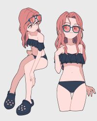 1girl bikini black_bikini blue_bikini eyewear_on_head frilled_bikini frills grey_background highres long_hair looking_at_viewer multiple_views navel standing start_furuike strapless sunglasses swimsuit