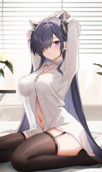 1girl absurdres arms_up august_von_parseval_(azur_lane) august_von_parseval_(the_unhulde&#039;s_midday_respite)_(azur_lane) azur_lane black_hair black_horns blush breasts commentary_request curled_horns garter_straps hair_over_one_eye highres horns indoors large_breasts long_hair looking_at_viewer mechanical_horns navel official_alternate_costume one_eye_covered purple_eyes see-through_clothes see-through_shirt shirt sitting solo thighhighs usagi_(786113654) wariza white_shirt window_blinds