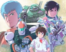 1girl 3boys ak2 black_hair blue_hair brown_hair cham_fau character_request chirico_cuvie dunbine fairy fairy_wings ginga_hyouryuu_vifam green_eyes gun jumpsuit mecha multiple_boys orange_jumpsuit red_shirt rifle robot roddy_shuffle scopedog seisenshi_dunbine serious shirt shou_zama soukou_kihei_votoms sword vifam weapon white_shirt wings yellow_background