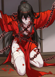 Rule 34 | 1boy, absurdres, bags under eyes, bandaged leg, bandages, bare legs, bdsm, black hair, blood, blood on clothes, blood on face, blood on leg, blood splatter, bound, chain, chained, chinese clothes, chinese commentary, collarbone, dao gui yi xian, hair between eyes, hair bun, hanfu, highres, indoors, kneeling, li huowang, long hair, long sleeves, looking at viewer, male focus, moxiaobingbuxiao, no shoes, on floor, outstretched arms, parted lips, red eyes, red hanfu, restrained, robe, sidelocks, single hair bun, socks, solo, teeth, very long hair, white socks, wide sleeves, wooden floor
