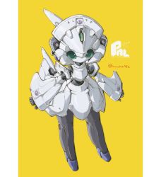 Rule 34 | 1girl, green eyes, kuruton486, looking up, mechanical skirt, open hands, original, robot, solo, twitter username, wide sleeves, yellow background