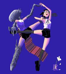 1girl black_choker black_hair bomb bomb_devil_(chainsaw_man) chainsaw_man choker dancing dual_persona dynamite explosive falling_petals flower full_body green_eyes grenade_pin hair_between_eyes hair_bun hashtag-only_commentary highres leg_up lemon_rinds looking_at_viewer open_mouth outstretched_legs petals pulling purple_background reze_(chainsaw_man) shirt shirt_tucked_in short_hair simple_background single_hair_bun sleeveless sleeveless_shirt smile tiptoes white_shirt
