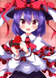 1girl :d ascot black_hat black_skirt blush bow box box_of_chocolates collared_shirt commentary_request frilled_shawl frills hair_between_eyes hat hat_bow heart highres holding holding_box long_sleeves looking_at_viewer nagae_iku open_mouth purple_hair red_ascot red_background red_bow red_eyes ruu_(tksymkw) shawl shirt short_hair skirt smile solo touhou upper_body valentine white_shirt
