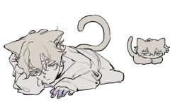 Rule 34 | 1boy, alien stage, animal ears, blonde hair, cat boy, cat ears, cat tail, chibi, chibi inset, colored extremities, colored eyelashes, expressionless, hair between eyes, itokin0, kemonomimi mode, long sleeves, luka (alien stage), lying, male focus, on stomach, shirt, short hair, simple background, tail, white background, white shirt, yellow eyes