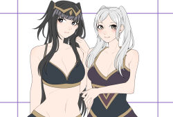 Rule 34 | 2girls, adjusting hair, ao saryaruhu, arm at side, armpit crease, bare arms, bare shoulders, black bra, black eyes, black hair, blush, bra, breasts, brown eyes, cleavage, collarbone, embarrassed, eyelashes, female focus, female robin (fire emblem), fingernails, fire emblem, fire emblem awakening, fire emblem warriors, gameplay mechanics, hand up, happy, highres, hime cut, large breasts, leotard, light smile, loincloth, long hair, looking at viewer, medium breasts, midriff, multiple girls, navel, neck, official alternate costume, official underwear, print leotard, short twintails, sidelocks, standing, stomach, swept bangs, tharja (fire emblem), twintails, underwear, underwear only, upper body, wardrobe malfunction, white hair