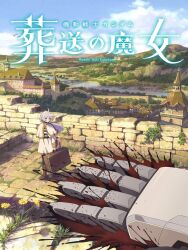 1girl blood capelet commentary_request copyright_name cosplay dress flower frieren frieren_(cosplay) full_body gold_trim gundam gundam_suisei_no_majo highres holding holding_suitcase long_hair mecha miorine_rembran murder outdoors river robot solo sousou_no_frieren spoilers squash stone_walkway stone_wall suitcase syaparinton village wall white_capelet white_dress white_hair