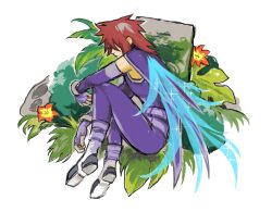 1boy belt blue_wings boots cape commentary covered_eyes english_commentary fingerless_gloves flower gloves grass grave highres kratos_aurion male_focus multiple_belts on_grass outdoors pants purple_pants red_hair shirt sitting sleeveless snoozaga spiked_hair tales_of_(series) tales_of_symphonia tombstone wings