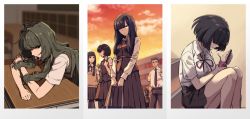 3girls amamiya_yumi black_eyes black_hair breasts brown_vest cellphone classroom commentary covered_eyes desk dress_shirt hair_over_eyes hikage_monogatari hime_cut holding holding_phone hunched_over jimiko juice_box large_breasts long_hair long_skirt miura_chinami mojyo multiple_girls phone pleated_skirt school school_desk school_uniform shirt skirt smartphone tented_shirt tsuchiya_shizuku unkempt urin vest