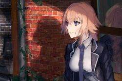 1girl black_jacket blonde_hair braid breasts closed_mouth collared_shirt fate/apocrypha fate_(series) female_focus hair_between_eyes ivy jacket jeanne_d&#039;arc_(fate) jeanne_d&#039;arc_(girl_from_orleans)_(fate) jeanne_d&#039;arc_(ruler)_(fate) light_particles long_sleeves medium_breasts necktie purple_eyes purple_necktie rean_(r_ean) reflection shirt single_braid solo standing white_shirt window wing_collar