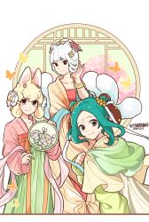 3girls alternate_costume alternate_hairstyle animal_ears black_eyes blonde_hair bracelet bug butterfly chinese_clothes facial_mark feiren_zai flower fox green_hair hair_bun hair_flower hair_ornament hand_fan hanfu heziqun highres holding holding_fan huadian insect jewelry jingwei_(feiren_zai) jiuyue_(feiren_zai) lattice long_hair long_sleeves looking_at_viewer multiple_girls paper_fan peony_(flower) qixiong_ruqun rabbit_ears shawl short_hair sidelocks_tied_back smile tuanshan white_hair window xiaoyu_(feiren_zai) yizhu_tiannanxing_zhiwu