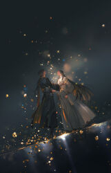 Rule 34 | 1boy, 1girl, black hair, bracelet, chinese clothes, closed mouth, couple, dress, gem, hetero, highres, ibuki satsuki, jewelry, light, light particles, long hair, long sleeves, looking up, original, outdoors, parted bangs, ponytail, reflection, shadow, smile, standing, traditional clothes, yellow gemstone