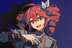 1girl absurdres ahoge alternate_eye_color belt black_belt black_eyes blue_background bow buttons double-breasted drill_hair fingernails grey_jacket hair_between_eyes hair_bow hand_up highres jacket kasane_teto kasane_teto_(sv) layered_sleeves long_sleeves maisuiren mismatched_pupils musical_staff musical_staff_print nail_polish open_mouth portrait red_hair red_nails red_trim shadow shoulder_belt shoulder_boards solo striped_clothes striped_jacket symbol-shaped_pupils synthesizer_v tongue tongue_tattoo twin_drills utau white_bow