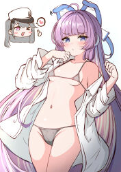 &gt;_o 2girls ;d absurdres azur_lane bare_shoulders bikini bikini_under_clothes blue_eyes blush_stickers breasts chibi chibi_inset collarbone collared_shirt commentary_request dress_shirt fingerprint grey_bikini grey_hair hands_up hat heart heart_in_mouth highres long_hair long_sleeves looking_at_viewer moyoron multiple_girls off_shoulder one_eye_closed one_side_up open_clothes open_mouth open_shirt pamiat_merkuria_(azur_lane) peaked_cap purple_eyes purple_hair shirt small_breasts smile spoken_heart swimsuit tashkent_(azur_lane) thumbs_up very_long_hair white_headwear
