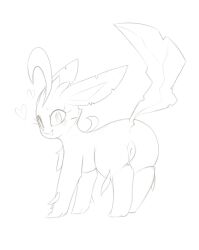 Rule 34 | 1girl, :3, animal focus, animal sexualization, anus, blush, cleft of venus, fang, female focus, from behind, full body, gen 4 pokemon, greyscale, happy, heart, kekitopu, leafeon, monochrome, nintendo, no humans, notched ear, open mouth, pokemon, pokemon (creature), pussy, raised eyebrows, simple background, sketch, smile, solo, split mouth, standing, uncensored, white background, wide-eyed