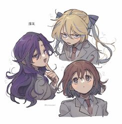 Rule 34 | 3girls, artist name, black ribbon, blonde hair, blue eyes, blush, brown eyes, brown hair, closed mouth, collared shirt, goshiki agiri, hair ribbon, highres, index finger raised, kill me baby, komewatari, long hair, long sleeves, looking at viewer, multiple girls, necktie, open mouth, oribe yasuna, purple eyes, purple hair, red necktie, ribbon, shirt, short hair, simple background, smile, sonya (kill me baby), translation request, twintails, twitter username, white background, white shirt