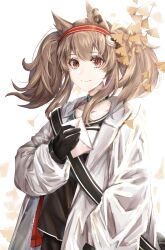 1girl absurdres angelina_(arknights) animal_ears arknights black_collar black_gloves black_shirt black_shorts brown_eyes brown_hair chinese_commentary closed_mouth coat collar collarbone commentary commentary_request earpiece eyelashes falling_leaves fox_ears ginkgo_leaf gloves hairband highres holding holding_letter infection_monitor_(arknights) jacket ko_no_maoyu_da leaf letter long_hair long_sleeves looking_at_viewer open_clothes open_coat open_jacket red_eyes red_hairband red_jacket shirt shorts simple_background smile solo striped_clothes striped_hairband twintails two-tone_hairband unzipped upper_body white_background white_coat white_jacket