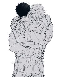 Rule 34 | 2boys, aki (supekutooru), ao isami, arms around neck, bulletproof vest, commentary request, crying, curtained hair, flight suit, gloves, greyscale, highres, hug, lewis smith, long sleeves, male focus, monochrome, multiple boys, short hair, simple background, standing, tears, twitter username, white background, yuuki bakuhatsu bang bravern