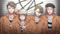Rule 34 | 4boys, :p, adam&#039;s apple, akune rindo, arima seigen, arms at sides, asymmetrical bangs, bags under eyes, blue eyes, breasts, brown eyes, brown hair, collarbone, crazy eyes, crazy smile, desperado-004, earrings, expressionless, finger gun, finger gun to head, fur hat, glasses, group name, hair behind ear, hand on own chest, hand on own head, hand up, hat, head tilt, height chart, highres, hoop earrings, hypnosis mic, hypnosis mic: rule the stage, jewelry, jikuuin joubu, jumpsuit, light blush, lineup, long sleeves, looking at viewer, male focus, medium breasts, mugshot, mullet, multicolored hair, multiple boys, open mouth, orange jumpsuit, parted hair, parted lips, partially unzipped, prison clothes, raised eyebrows, ring, round eyewear, shiny lips, shirt, short eyebrows, short hair, signature, smile, streaked hair, striped clothes, striped shirt, swept bangs, tongue, tongue out, upper body, v-shaped eyebrows, wavy hair, wide-eyed, yagasaki ibuki, yuzugi sabi