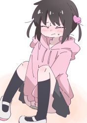 1girl absurdres black_hair black_skirt black_socks blush closed_eyes collarbone covering_crotch covering_privates flat_chest hair_ornament heart heart_hair_ornament highres hood hoodie kneehighs loli long_sleeves nukegara_(pixiv_46266320) original panties peeing peeing_self pink_hoodie puddle shoes short_hair sitting skirt socks sweat tears twintails underwear uwabaki wet wet_clothes wet_panties white_background white_panties white_shoes