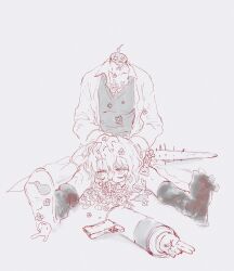 1girl absurdres ahoge bags_under_eyes between_legs bird blood blood_from_mouth censored coat collared_shirt commentary_request corpse decapitation disembodied_head flower_symbol full_body glasses gun guro highres kagaku_chop kiwi_(bird) kneehighs lab_coat long_sleeves loose_socks monochrome novelty_censor open_clothes open_coat open_mouth outstretched_legs payama popped_collar rabbit_symbol raised_eyebrows ringed_eyes shirt shoes simple_background single_shoe sitting smile socks solo suzuzono_sai sweater wavy_hair weapon