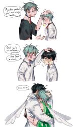Rule 34 | 1girl, 2boys, absurdres, alien stage, black choker, black eyes, black hair, black shirt, bruise, bruise on face, choker, commentary, green eyes, green tank top, grey hair, hawk till, headpat, highres, hug, injury, io (alien stage), ivan (alien stage), multiple boys, mutual hug, open mouth, shirt, smile, tank top, till (alien stage), white choker, white shirt, white wings, wings